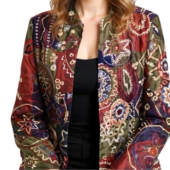 CHICO'S Womens Jacket Silk Embroidery Multi-Color Blazer Vtg 90s Size Medium 8 - Picture 6 of 6